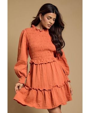 Dorothy Perkins Petite Shirred Bodice Frill Mini Dress - Orange