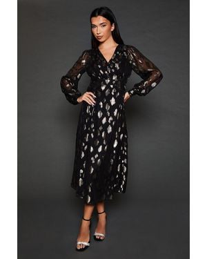 Dorothy Perkins Jacquard Button Front Long Sleeve Midi Dress - Black