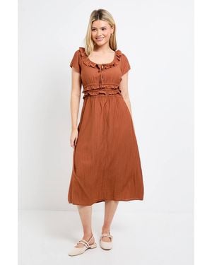 Dorothy Perkins Frill Scoop Neck Shirred Waist Midi Dress - Brown