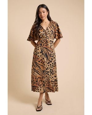 Dorothy Perkins Petite Button Front Angel Sleeve Tie Back Midi Dress - Natural