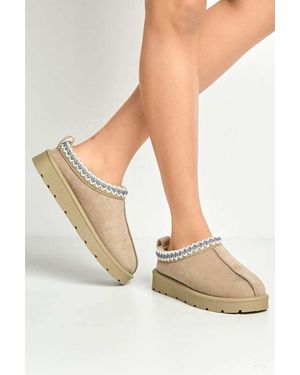 Miss Diva Koona Faux Fur Lining Knit Pattern Detail Flatform Slippers Flats - Natural