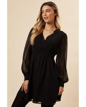 Dorothy Perkins Chiffon Long Sleeve Shirred Waist Mini Dress - Black