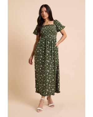 Dorothy Perkins Petite Floral Shirred Bodice Trim Detail Midaxi Dress - Green