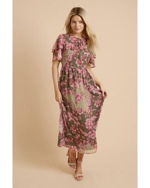 Dorothy Perkins Patchwork Flutter Sleeve Frill Yoke Printed Chiffon Midaxi Dress - Natural