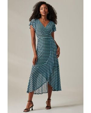 Jolie Moi Geo Print Ruffle Hem Mesh Maxi Dress - Green