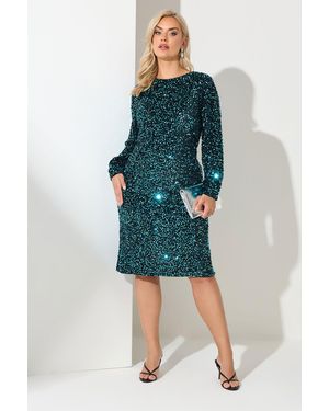 Yours Sequin Velvet Shift Dress - Green