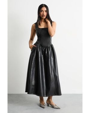 Warehouse Faux Leather Whipstitch Trim Midi Dress - Black
