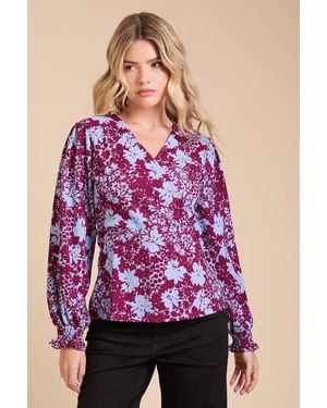Dorothy Perkins Floral Wrap Front Shirred Waist Jersey Top - Purple