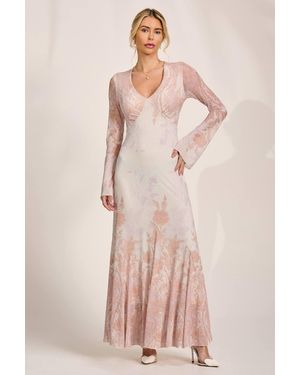Jolie Moi Long Sleeve Godet Mesh Maxi Dress - Pink