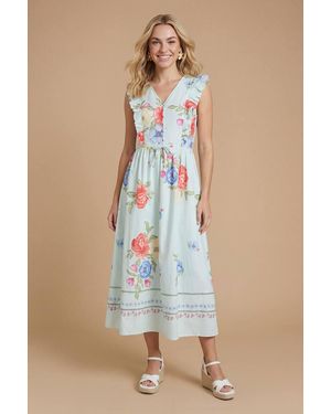 Dorothy Perkins Button Up Front Flutter Sleeve Printed Poplin Midi Dress - Blue