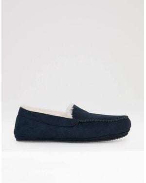 Threadbare Faux Suede Faux Fur Lined Moccasin Slippers - Blue