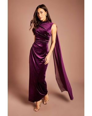 Coast High Neck Velvet Maxi Dress With Chiffon Cape Sleeve - Purple