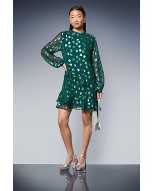 Dorothy Perkins Petite Dp Luxe Star Jacquard Ruffle Shift Mini Dress - Green
