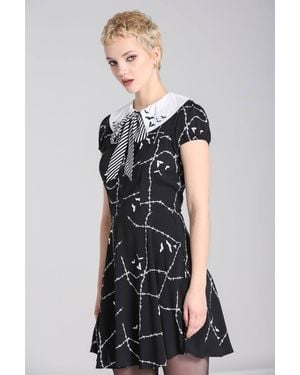 Hell Bunny Stitches Bat Print Mini Dress With Embroidered Collar & Tie Neck - Black