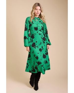 Dorothy Perkins Floral Keyhole Ruched Front Blouson Sleeve Jersey Midi Dress - Green