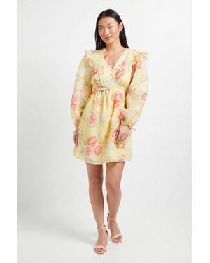 Dorothy Perkins Petite Printed Frill Detail Blouson Sleeve Mini Dress - Natural