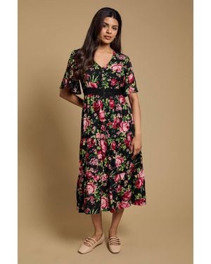 Dorothy Perkins Petite Floral Lace Trim Button Detail Angel Sleeve Printed Midi Dress - Brown