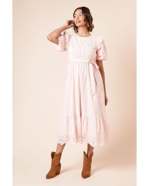 Dorothy Perkins Cutwork Ruffle Sleeve Puff Sleeve Midi Dress - Pink