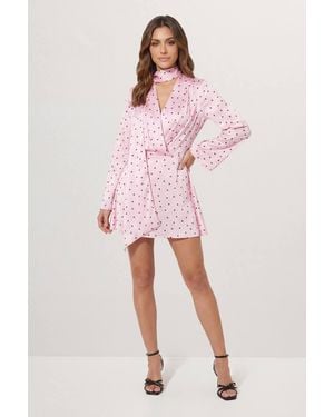 MissPap Premium Spot Print Tie Neck Mini Dress - Pink