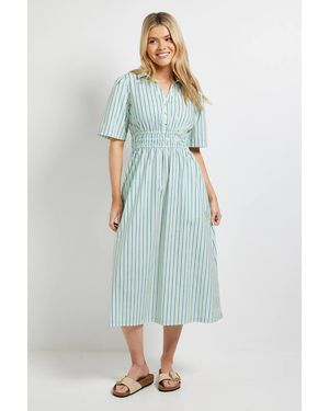 Dorothy Perkins Collar Shirred Waist Detail Printed Poplin Midi Dress - Blue