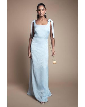 Oasis Square Neck Chiffon Tie Shoulder Satin Jacquard Bridesmaid Dress - Blue