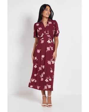 Dorothy Perkins Petite Floral Collared Button Detail Puff Sleeve Midi Dress
