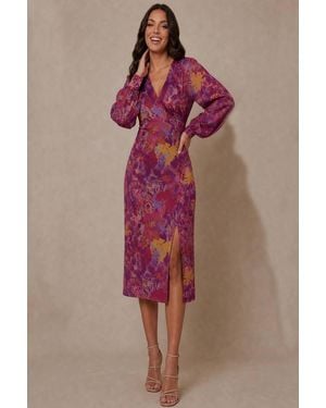 Chi Chi London Long Sleeve V Neck Floral Abstract Midi Dress - Pink