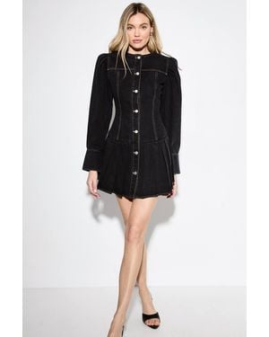 MissPap Premium Denim Pleat Hem Balloon Sleeve Dress - Black