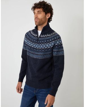 Threadbare Fairisle Quarter Zip Knitted Jumper - Blue