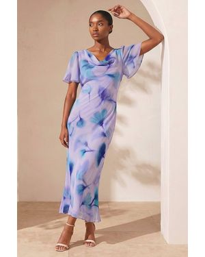 Roman Petite Floral Cowl Neck Midi Dress - Blue