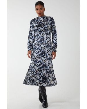 Blue Vanilla Floral Print High Neck Dress - Blue
