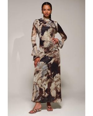 Jolie Moi Ruffle Long Sleeve Mesh Maxi Dress - Brown
