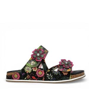 TruClothing Brcyano 32 Floral Leather Strappy Slipper Sandals - Black