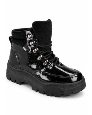 Spot on Patent Lace Up Chunky Sole Ankle Boots - Black