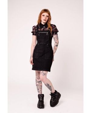 Hell Bunny Raye Denim-Look Pinafore Dress D-Ring Pockets & Adjustable Straps - Black
