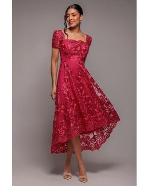 Goddiva Scalloped Neck Embroidered Lace High Low Midi Dress