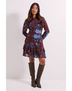 Dorothy Perkins Petite Tiered Skirt Printed Mesh Mini Dress