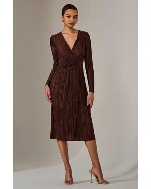 Jolie Moi Plisse Long Sleeve Midi Dress - Brown