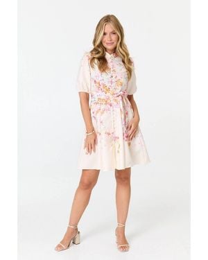 Izabel London Floral Tie Waist 1/2 Sleeve Short Dress - White