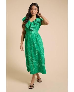Dorothy Perkins Petite Frill Neckline Lace Detail Printed Midi Dress - Green