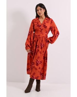 Dorothy Perkins Petite Seam Detail Collared Blouson Sleeve Printed Midi Dress