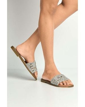 Miss Diva Izela Diamante Cut Out Band Flat Sliders - Metallic