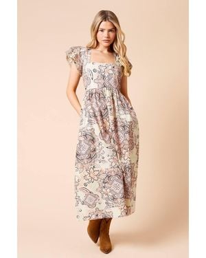 Dorothy Perkins Paisley Lace Trim Ruffle Sleeve Poplin Midi Dress - Natural