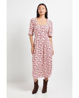 Dorothy Perkins Petite Print Square Neck Frill Detail Puff Sleeve Midi Dress - Red
