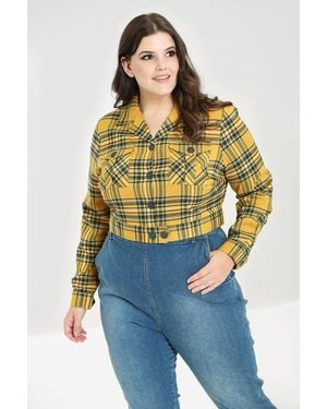 Hell Bunny Tartan Cropped V-Neck Jacket With Chest Pockets Button Front - Blue