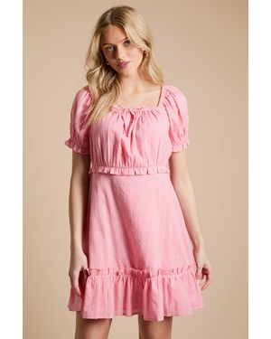 Dorothy Perkins Tie Detail Puff Sleeve Cotton Mini Dress - Pink