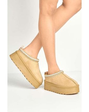 Miss Diva Astria Faux Fur Lining Knit Pattern Detail Flatform Slippers - Natural