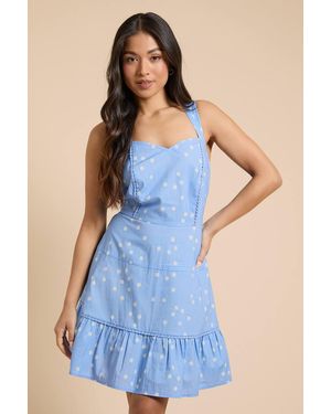 Dorothy Perkins Petite Spot Lace Trim Tiered Printed Mini Dress - Blue