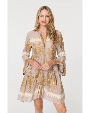 Izabel London Baroque Print Long Sleeve Short Dress - Natural