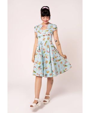 Hell Bunny Beatrix Vintage 50S Woodland Print Cotton Puff Sleeve Tea Dress - Blue